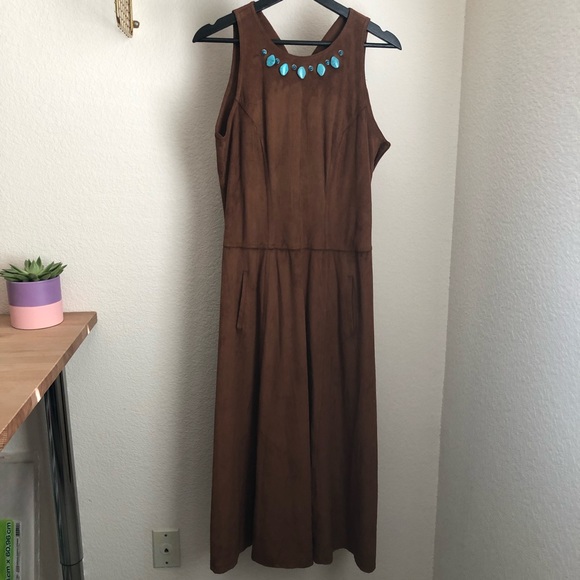 Karen Alexander Boston Proper Brown Suede Dress w/ Turquoise Stones Size 10 - Picture 1 of 14